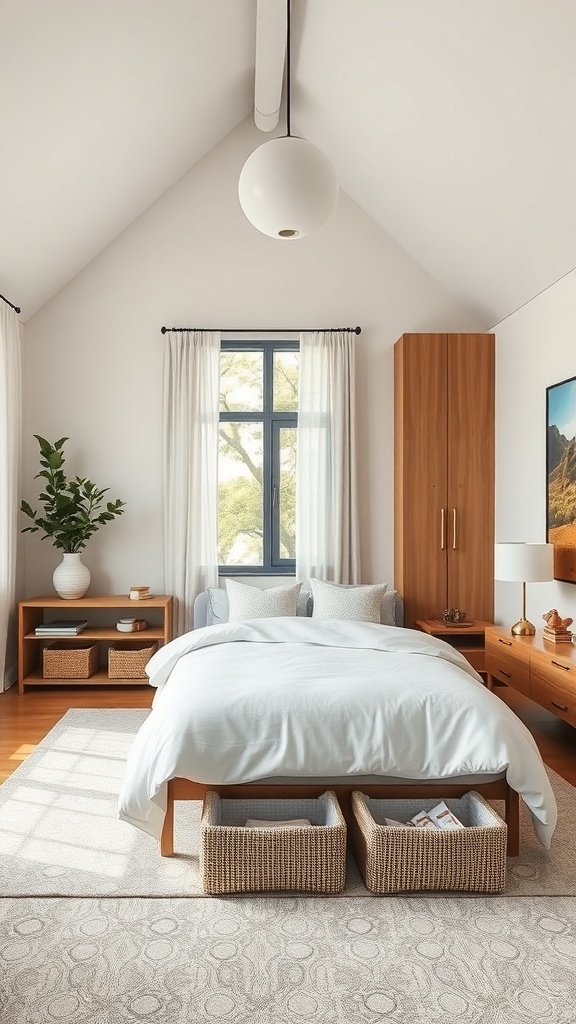 Cozy bedroom with smart storage solutions, featuring a bed with storage baskets underneath, wooden furniture, and natural light.