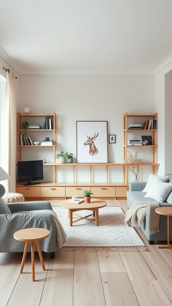 A cozy Scandinavian living room featuring smart storage solutions with open shelving and minimalist furniture.