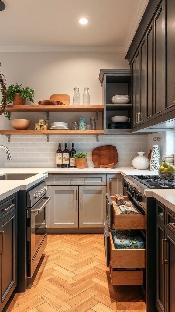 A stylish kitchen featuring open shelves and organized drawers.