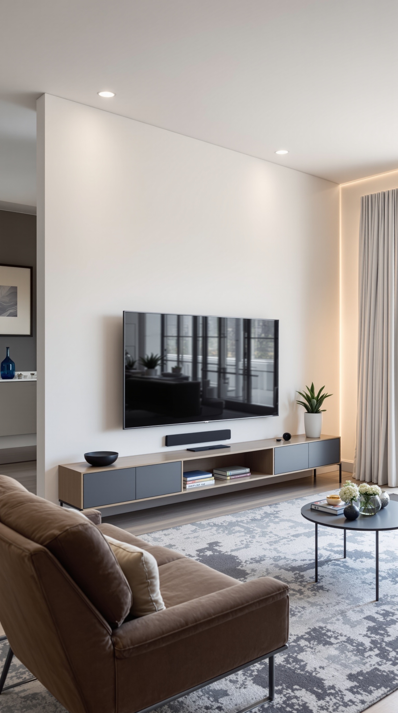 Modern living room with integrated TV wall, designer furniture, and large windows