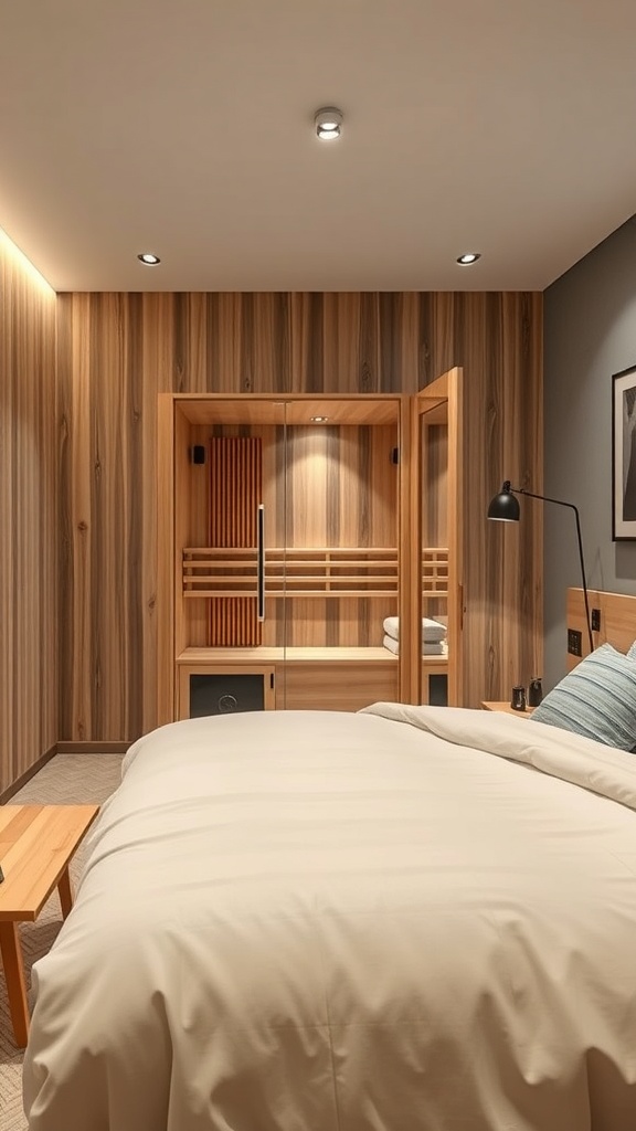 A modern bedroom featuring a sauna with wooden finishes and smart technology integration.