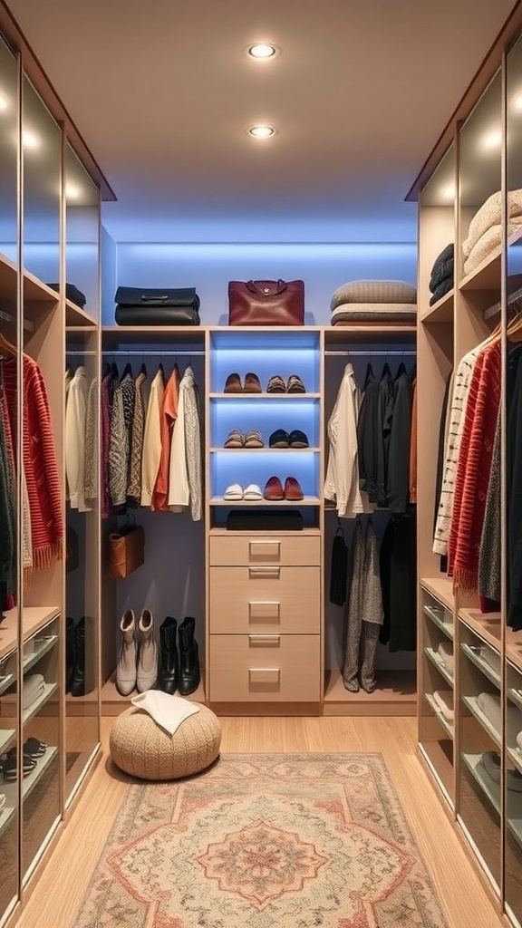 A cozy walk-in closet featuring organized shelves, soft lighting, and a welcoming atmosphere.