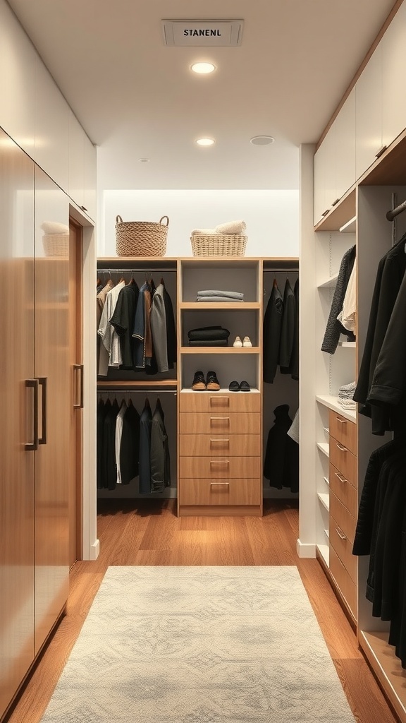 A modern walk-in closet featuring wooden cabinetry, organized clothing, and smart lighting.