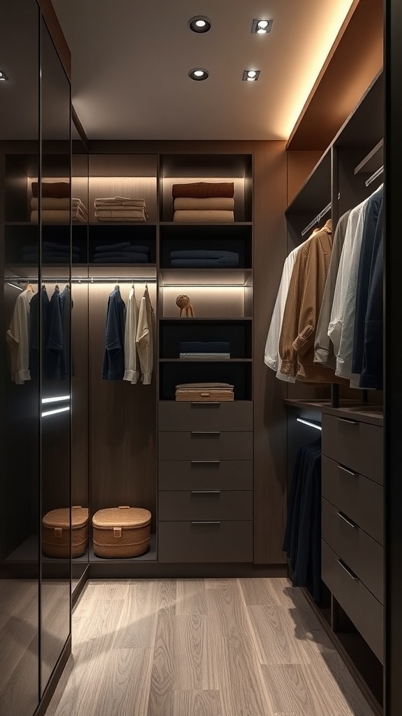 A modern walk-in closet featuring smart lighting, organized storage, and a minimalist design.