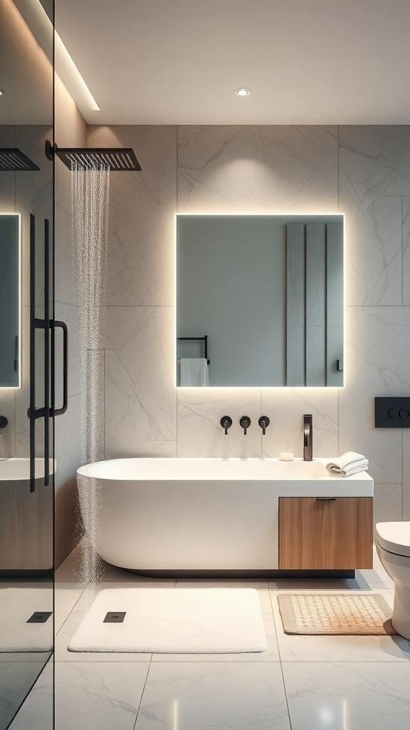Modern bathroom featuring smart technology with a sleek design, rainfall showerhead, and backlit mirror.