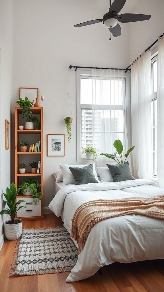 A cozy bedroom with a corner bookshelf, plants, and a neatly made bed.