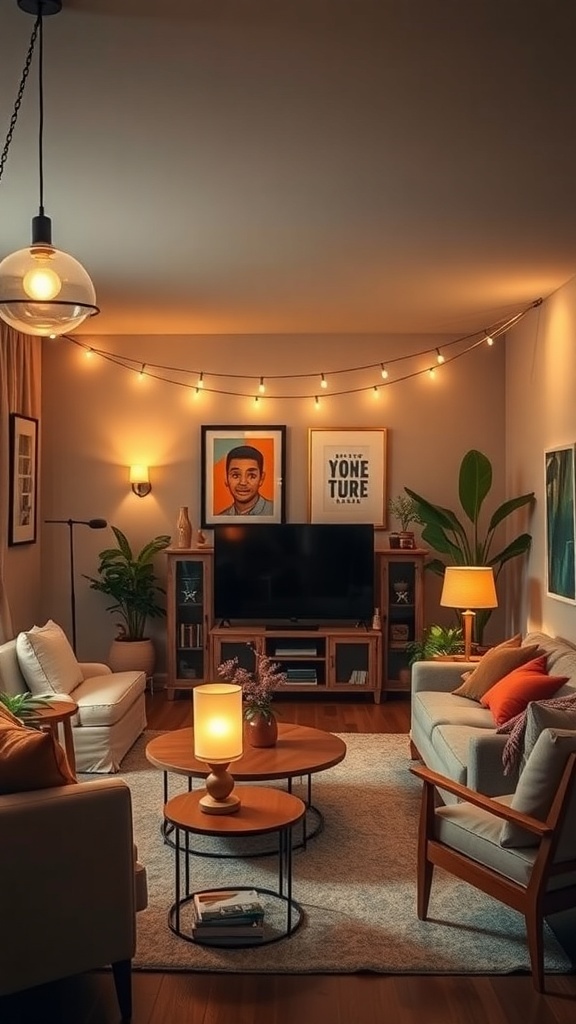 A cozy college living room with string lights, a table lamp, and plants, showcasing smart lighting choices.