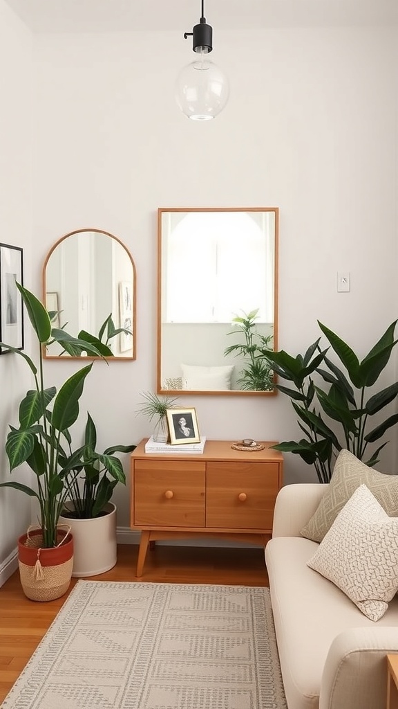 A cozy living room with plants, a wooden cabinet, and mirrors reflecting light.