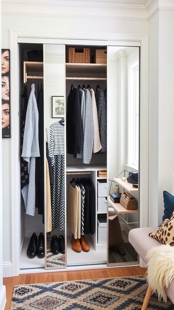A stylish closet with mirrored doors reflecting light and showcasing organized clothing and accessories.