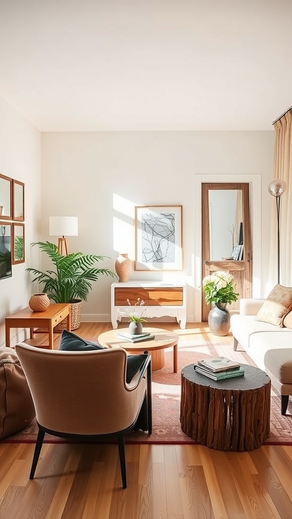 A cozy living room with mirrors reflecting light and creating a spacious feel.