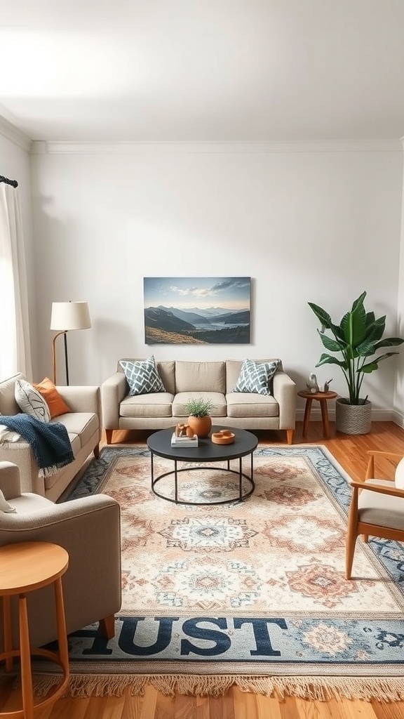 A cozy college living room with a stylish rug, two sofas, and a coffee table.