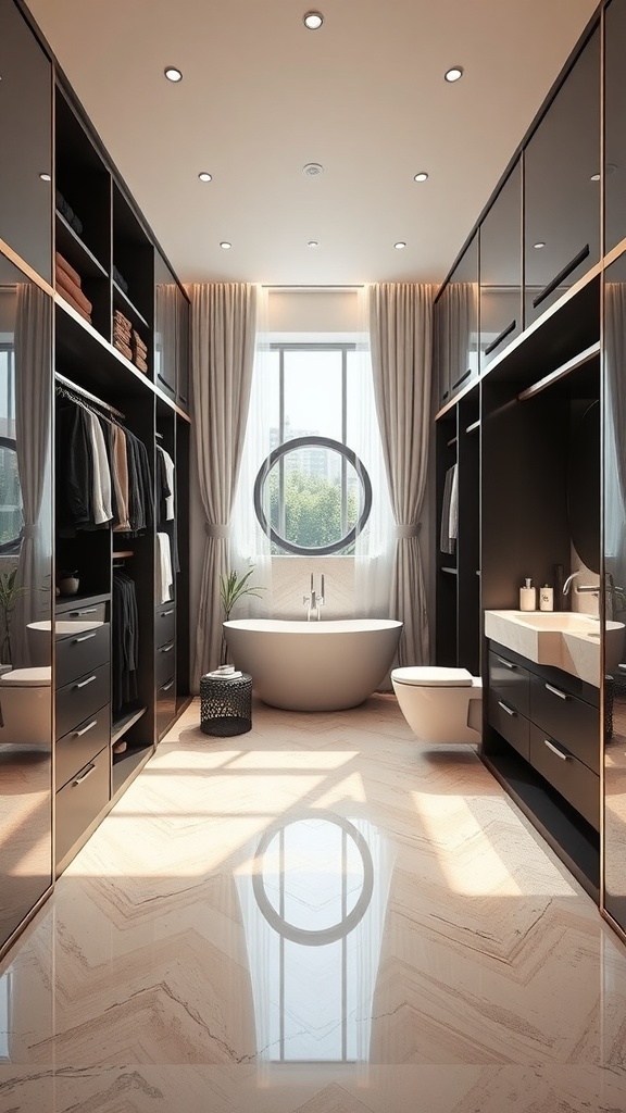 A stylish walk-through closet leading to a luxurious bathroom with modern design elements.