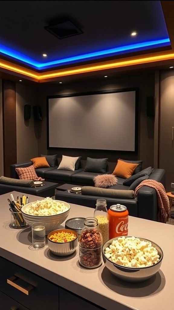 A cozy home theater setup featuring a snack bar with popcorn, candy, and drinks.