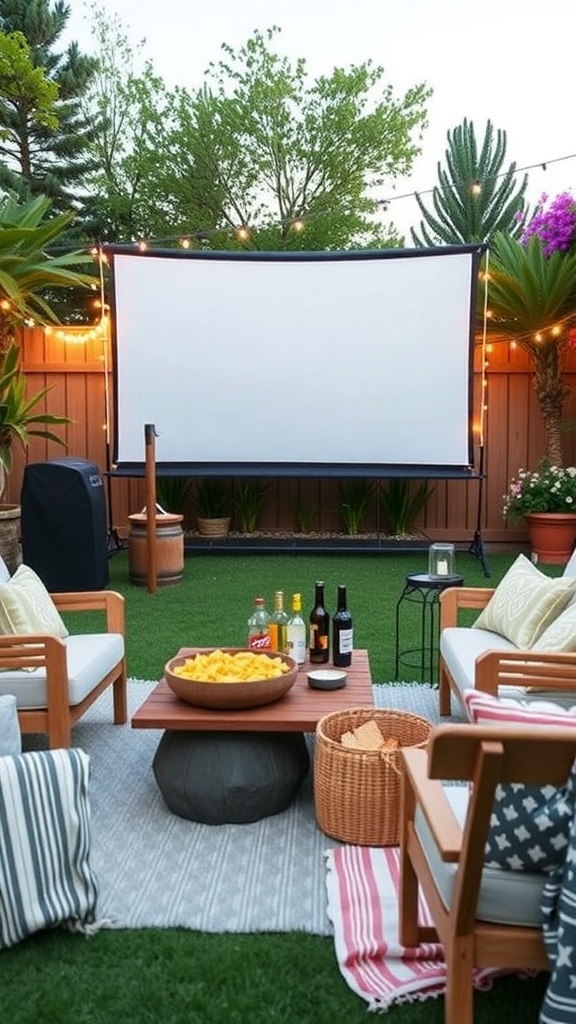 Cozy outdoor cinema setup with a snack station featuring drinks and snacks.