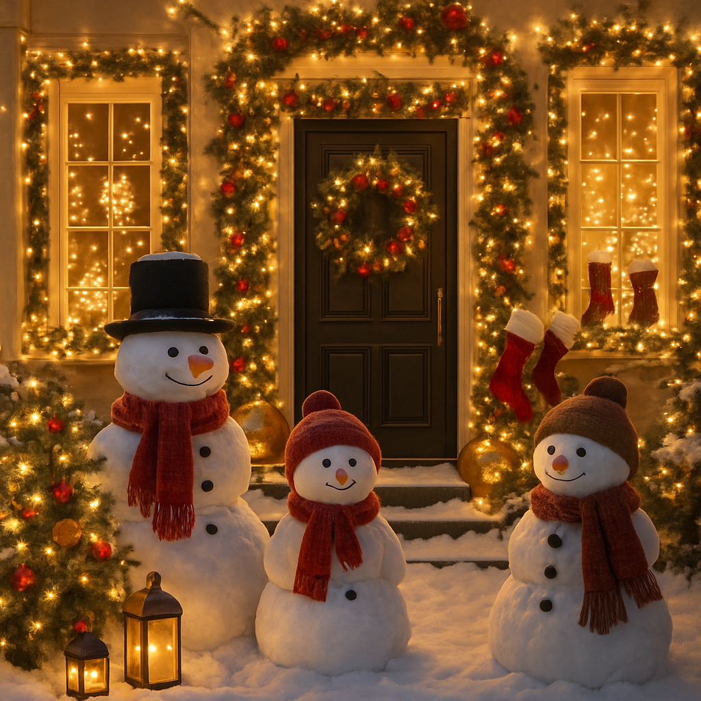 A family of three snowmen in front of a beautifully decorated house with lights and wreaths.