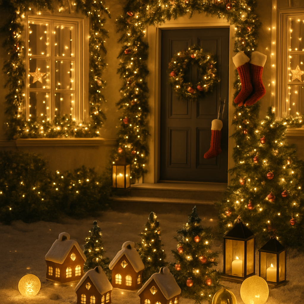 A snowy village scene with a decorated house, glowing lanterns, and small houses with snowy rooftops.