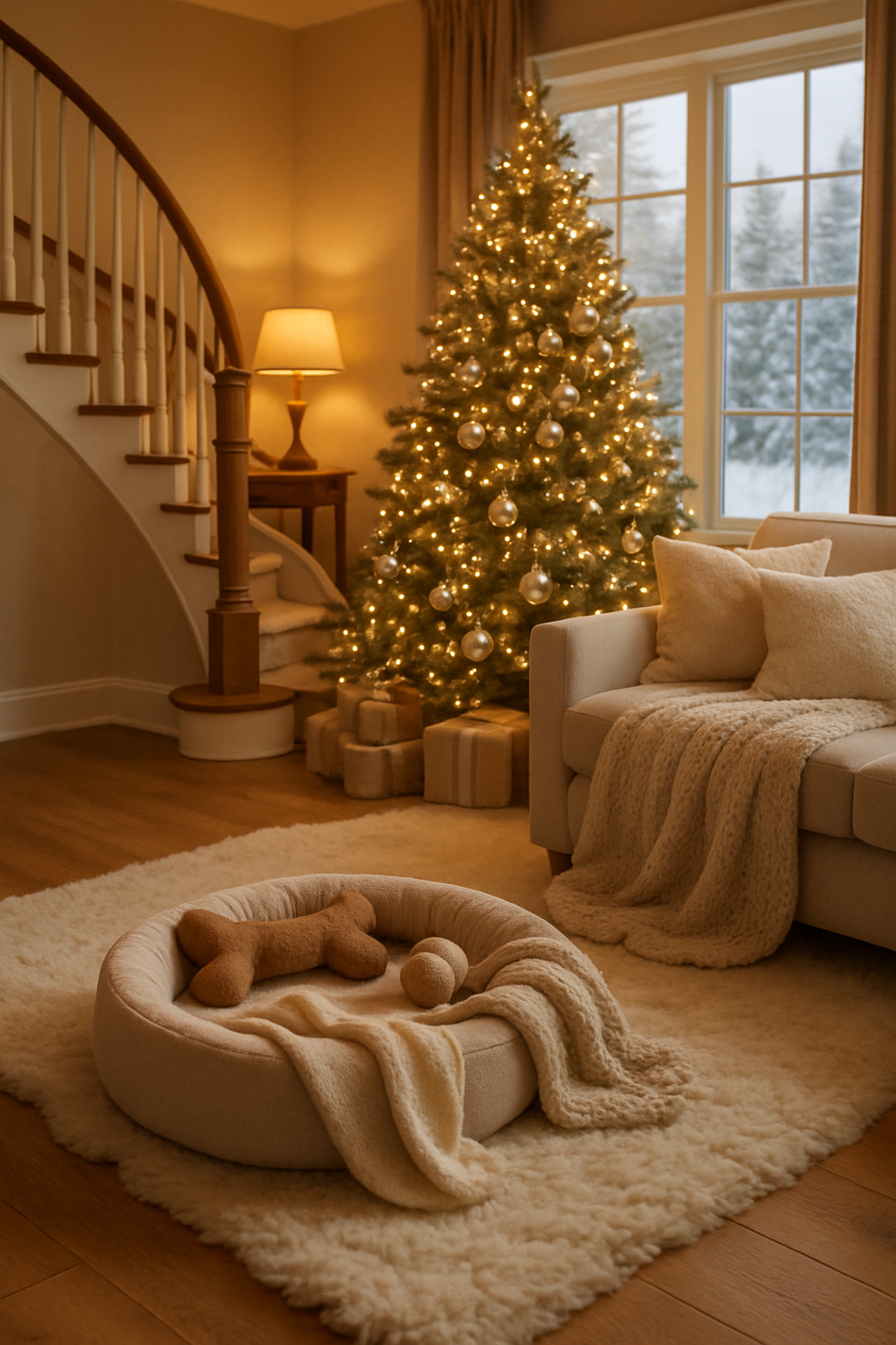 Cozy pet corner with a soft bed, toys, and a warm atmosphere