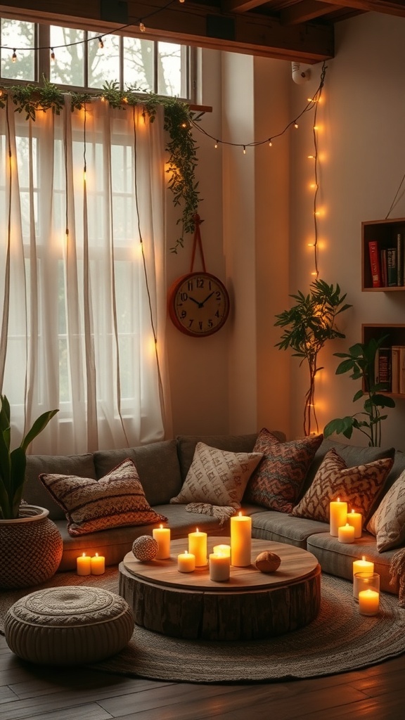 Cozy living room with soft ambient lighting, candles, and plants.