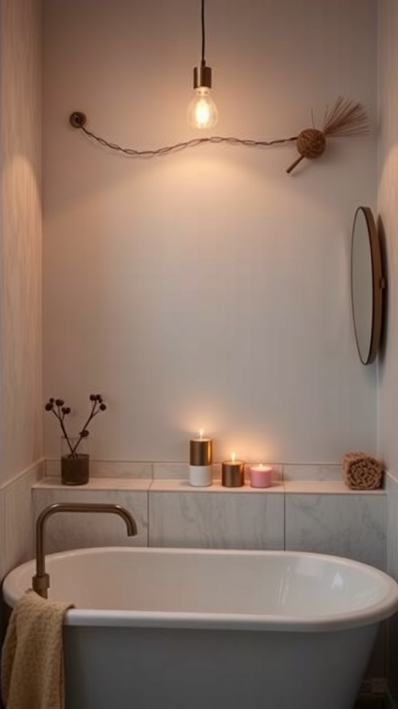 A cozy bathroom with soft lighting, featuring a hanging bulb and candles on the ledge.