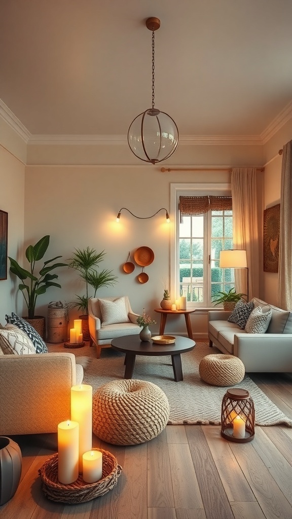 A cozy living room with soft ambient lighting, featuring candles, a pendant light, and natural decor.