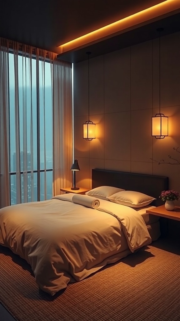 A serene Japandi bedroom with soft ambient lighting, featuring a cozy bed, warm lamps, and sheer curtains.