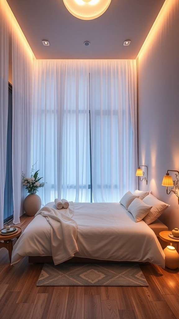 A serene bedroom with soft ambient lighting, featuring sheer curtains, a cozy bed, and warm tones.