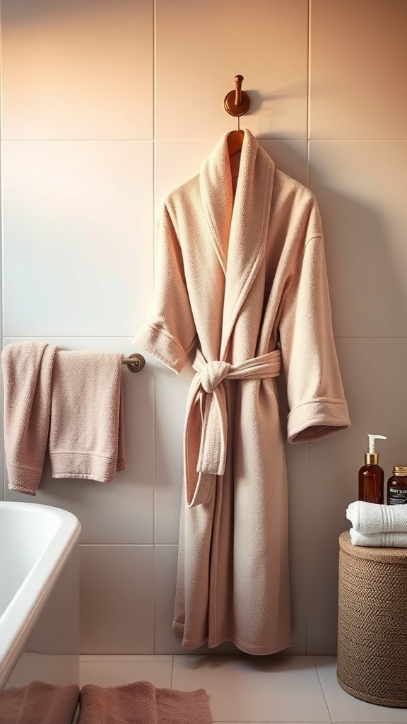 A soft, plush bathrobe hanging in a bathroom with matching towels and spa products.