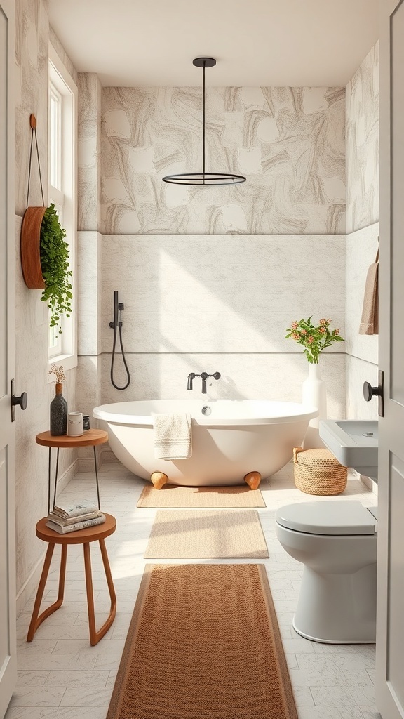 A cozy bathroom featuring soft carpet tiles, a freestanding bathtub, and natural decor.