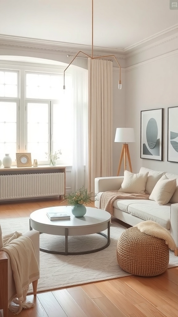 A cozy farmhouse living room featuring a soft color palette with neutral tones, large windows, and a fireplace.