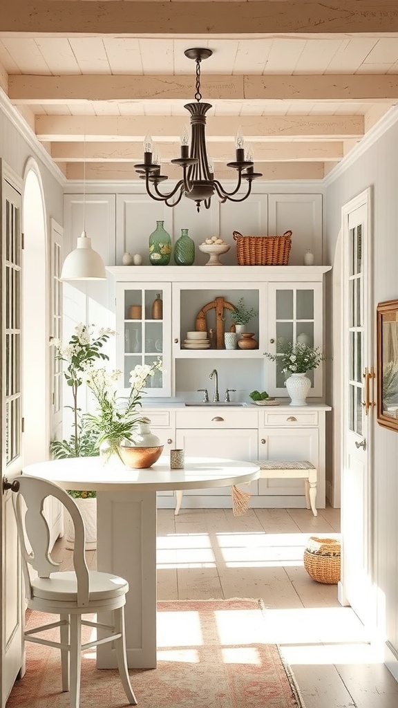 A bright and airy farmhouse kitchen with soft color palettes and elegant decor.