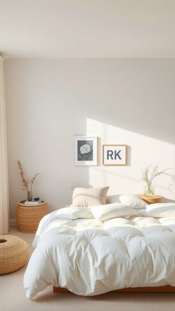 A serene bedroom with soft color palettes, featuring a white comforter, light walls, and minimal decor.