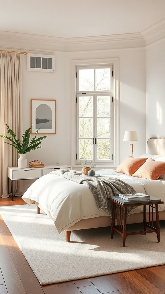 A serene bedroom featuring soft color palettes with light walls, warm bedding, and natural light.