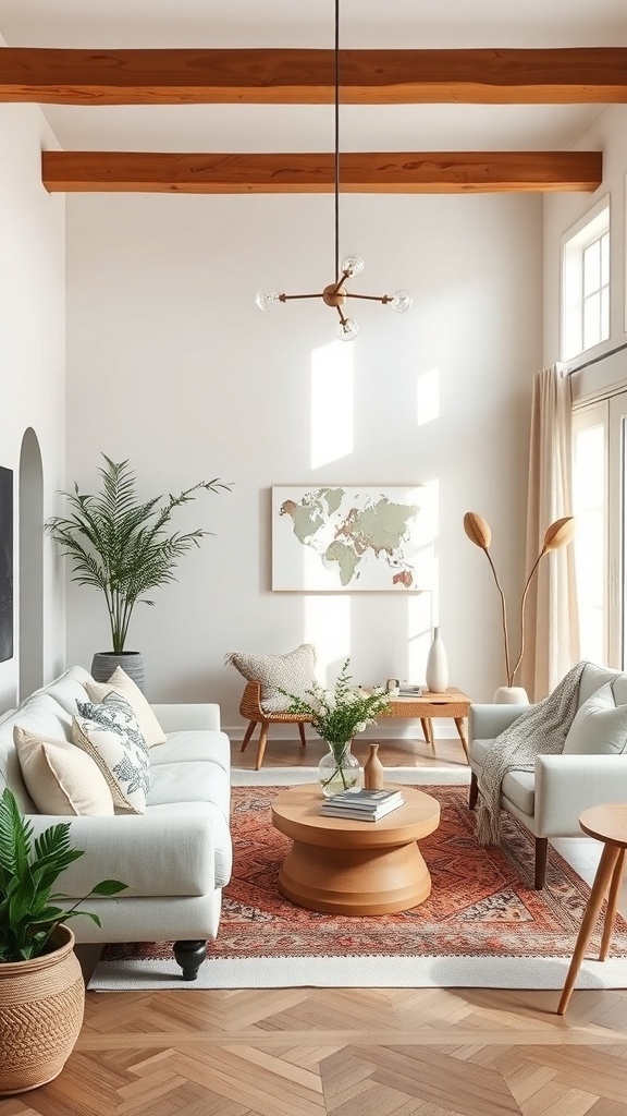 A serene living room featuring soft color palettes, light sofas, warm wood accents, and green plants.