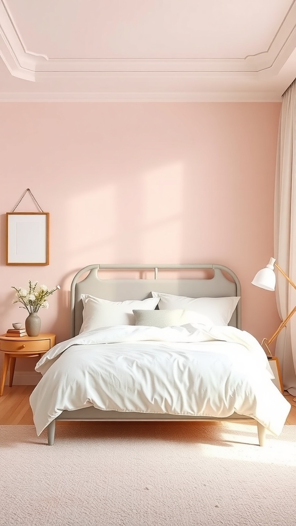 Cozy bedroom with soft pink walls, white bedding, and natural light