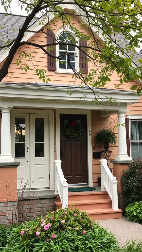A charming house with peach-colored siding, dark shutters, and a brown door, surrounded by greenery and flowers.