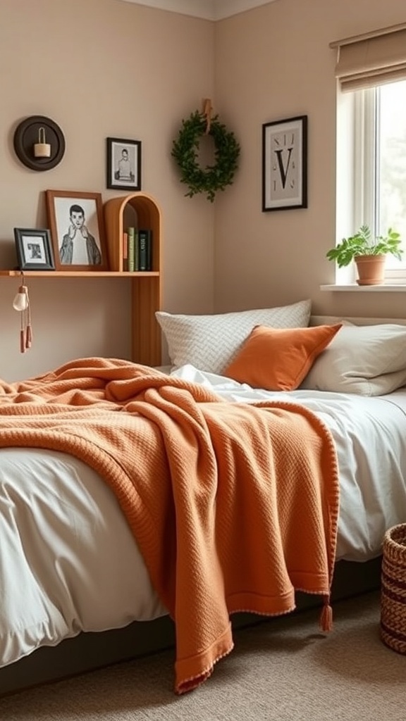 A cozy dorm room bed with an orange fleece throw, decorative pillows, and a stylish shelf.