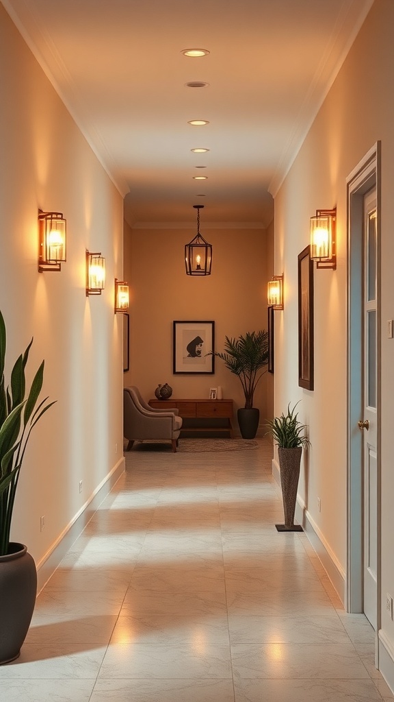 A well-lit bungalow hallway with warm lighting and plants