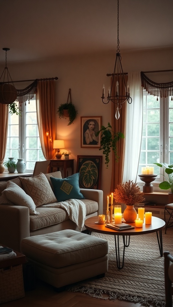 A cozy living room with soft lighting and candles, featuring a comfortable sofa and warm decor.
