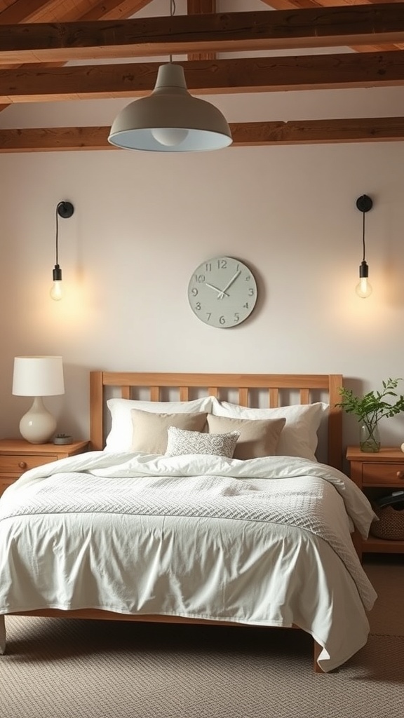 A minimalist farmhouse bedroom with soft lighting fixtures, featuring a wooden bed, bedside tables, and a clock.