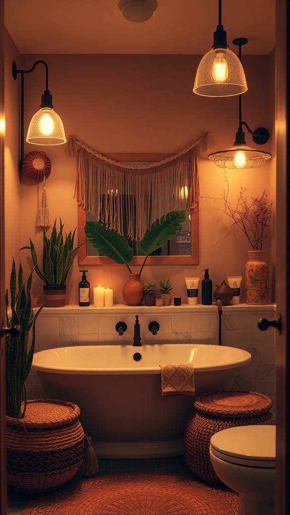 A cozy boho bathroom with soft lighting fixtures, plants, and a freestanding bathtub.