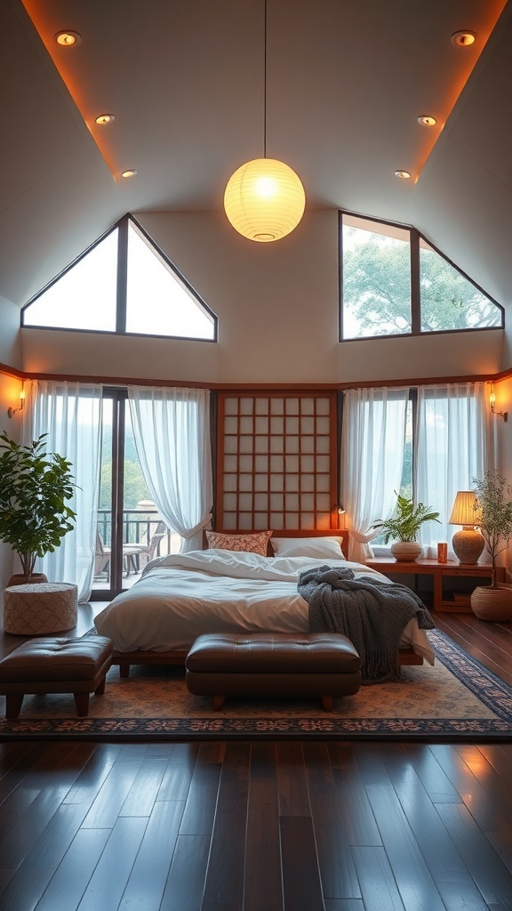 A cozy Japandi bedroom featuring soft lighting fixtures, large windows, and a warm atmosphere.