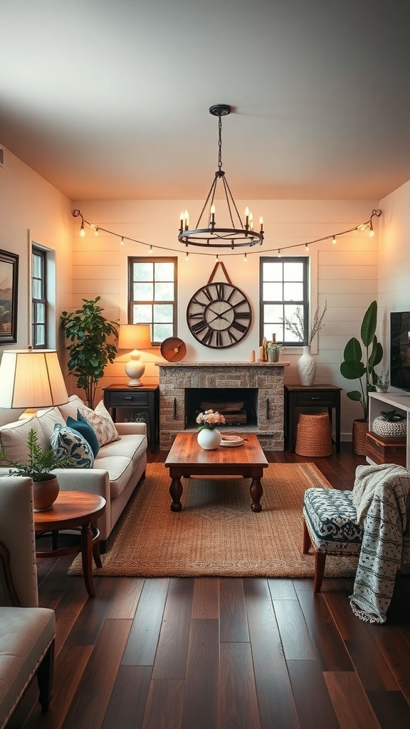 Cozy living room with soft lighting, featuring a chandelier, string lights, and comfortable furniture.