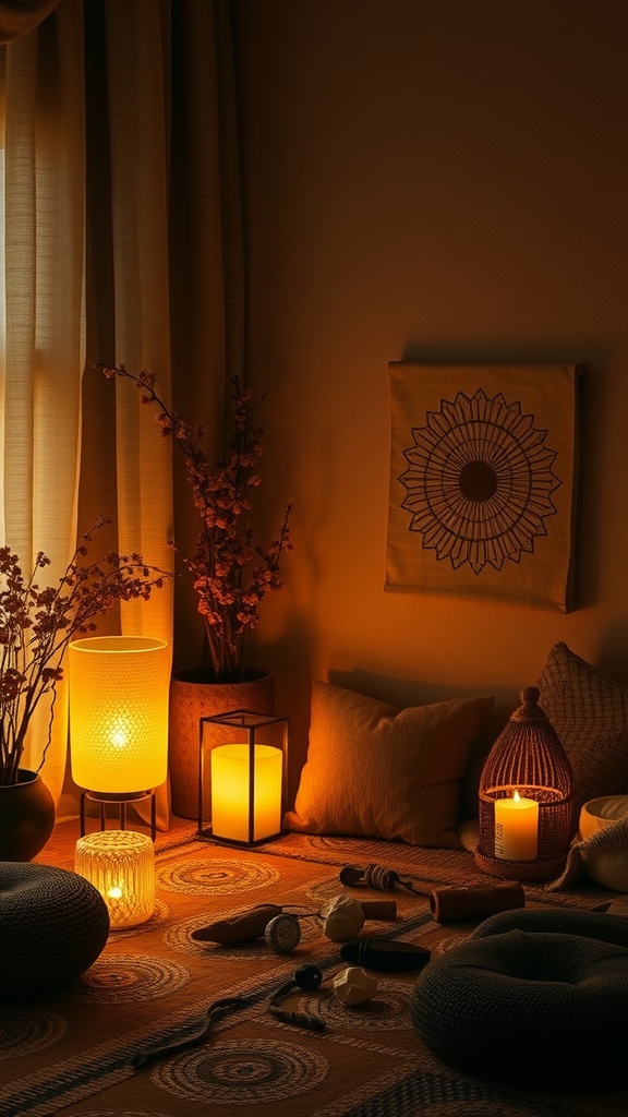 A cozy room with soft lighting, featuring lamps and candles, creating a warm atmosphere.