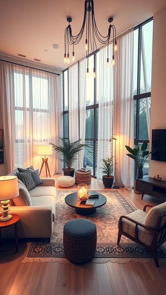 Cozy living room with soft lighting, large windows, and warm decor.
