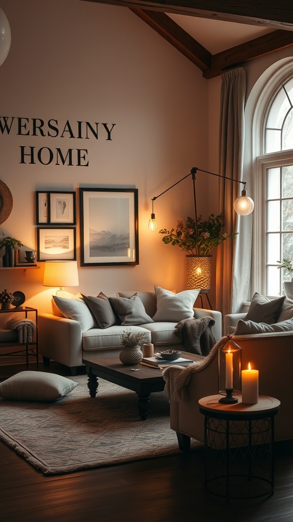 Cozy living room with soft lighting, candles, and comfortable furniture.
