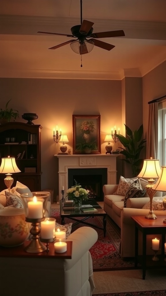A cozy living room with soft lighting, featuring large windows, comfortable seating, and candles.
