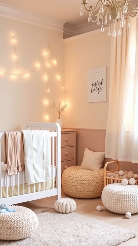 Cozy nursery with soft lighting, featuring string lights and a chandelier.