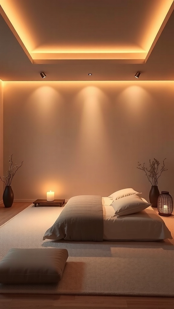 A serene Japandi bedroom with soft lighting, featuring warm tones and minimalistic decor.