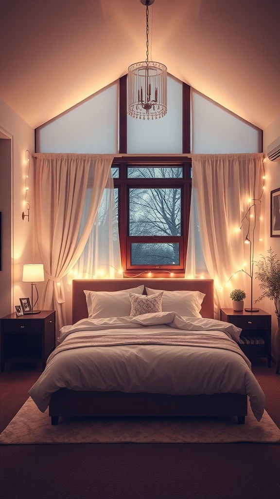 Cozy bedroom with soft lighting, featuring a chandelier, fairy lights, and warm curtains.