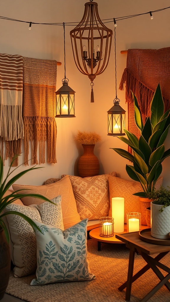 A cozy corner with soft lighting from hanging lanterns, decorative pillows, and plants.